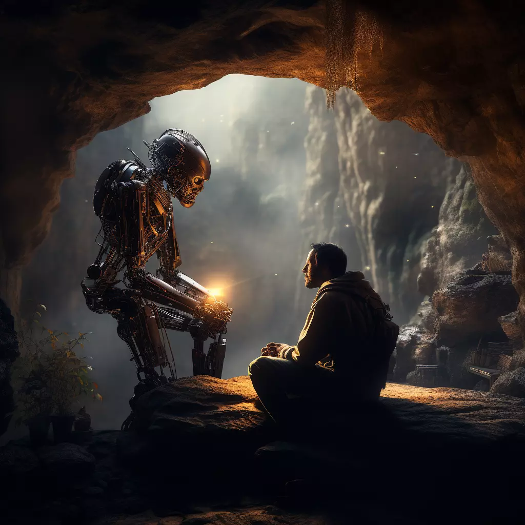 Image of caveman meeting a robot AI
