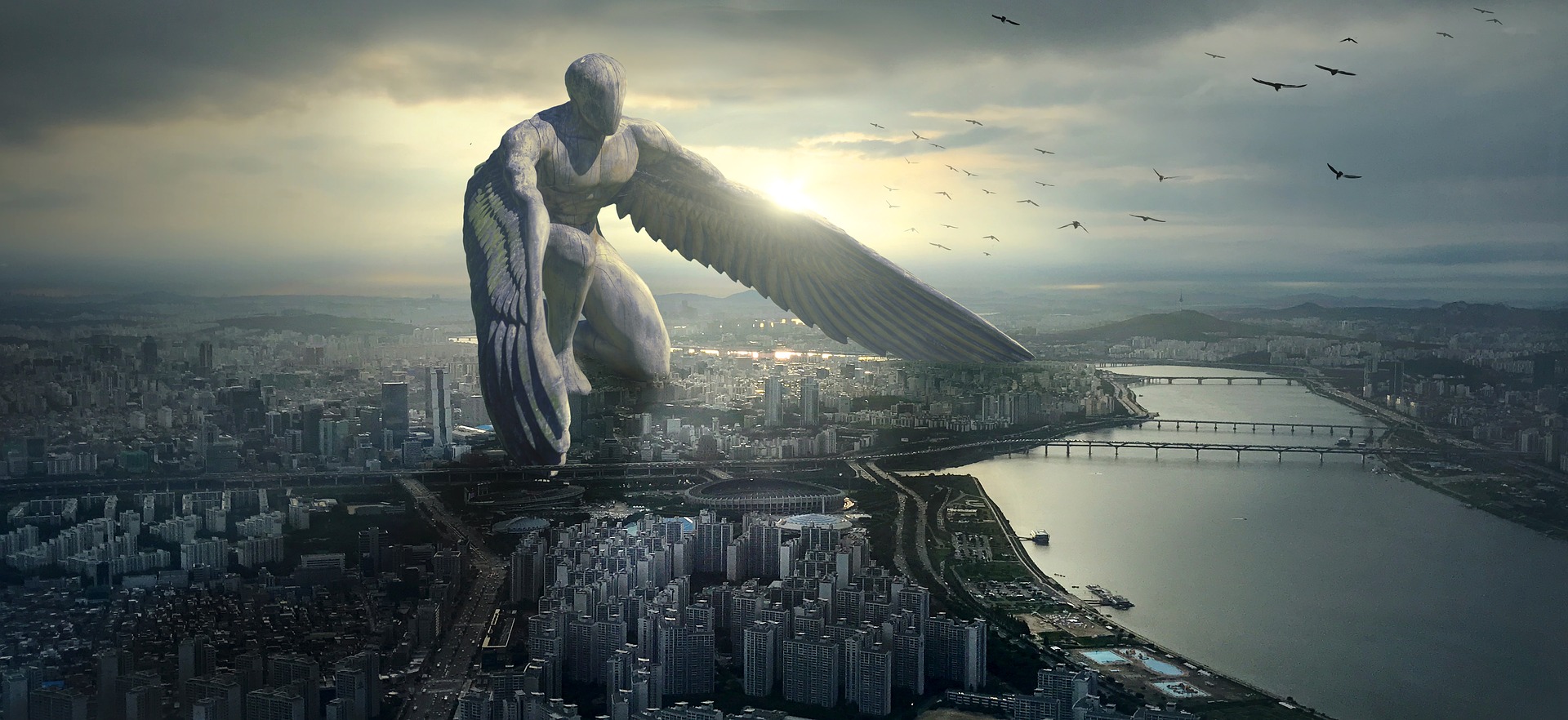A giant Angel protecting a city
